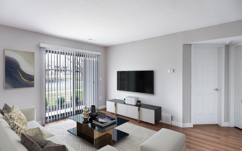a living room with a tv and couches