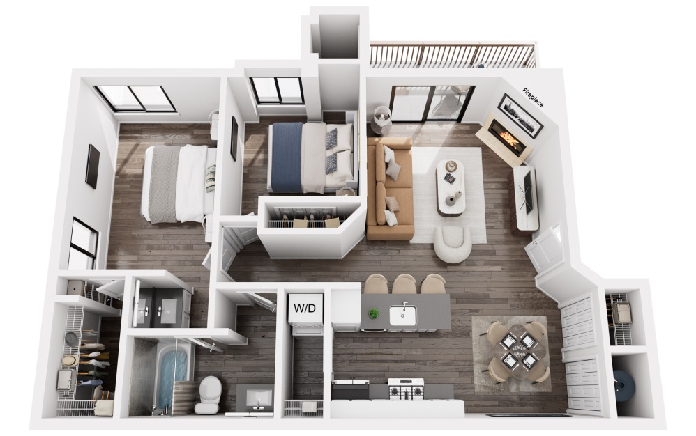 Beechwood - 2 bedroom floor plan layout with 1 bathroom and 873 square feet (3D) Beechwood - 2 bedroom floor plan layout with 1 bathroom and 873 square feet (3D)