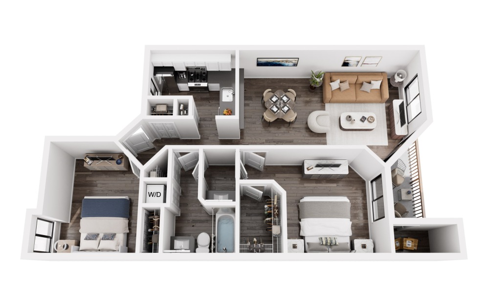 Forestwood - 2 bedroom floor plan layout with 1 bathroom and 860 square feet (3D) Forestwood - 2 bedroom floor plan layout with 1 bathroom and 860 square feet (3D)