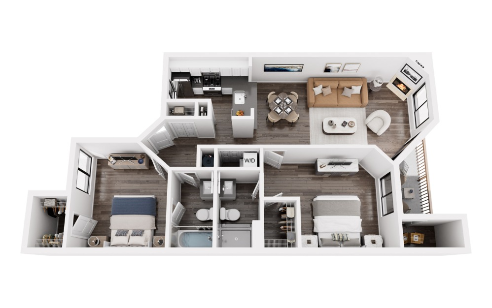 Glenwood - 2 bedroom floor plan layout with 2 bathrooms and 914 square feet (3D)